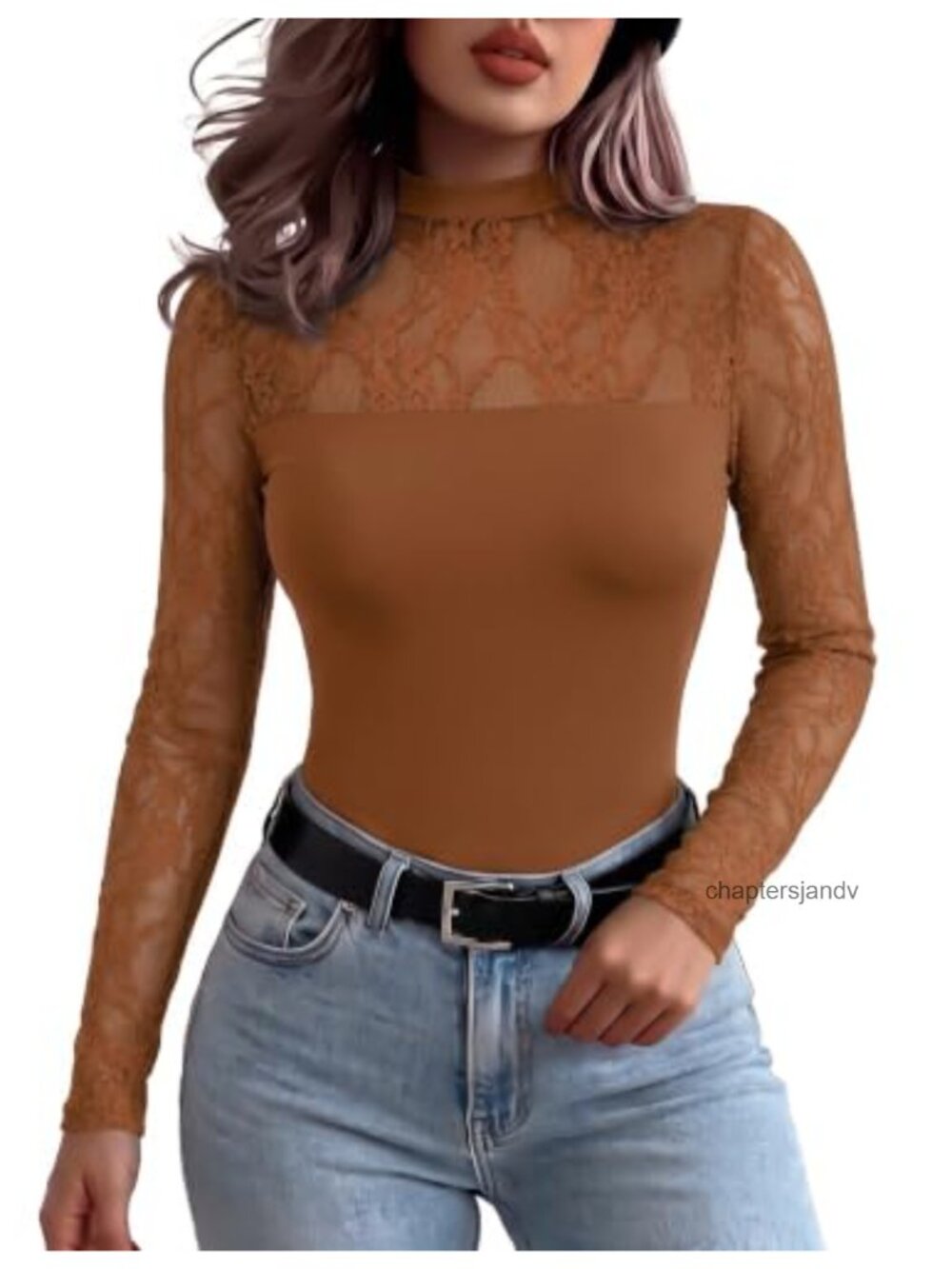 Long Sleeve Lace Mesh Sheer Blouse Slim Fit Fall Top
